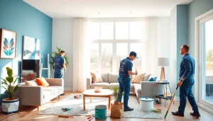 Painters in a modern living room, showcasing interior painting services and colorful décor.