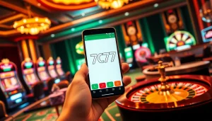 Experience high-stakes gaming action with the 7c77 app showcased amidst vibrant casino elements.