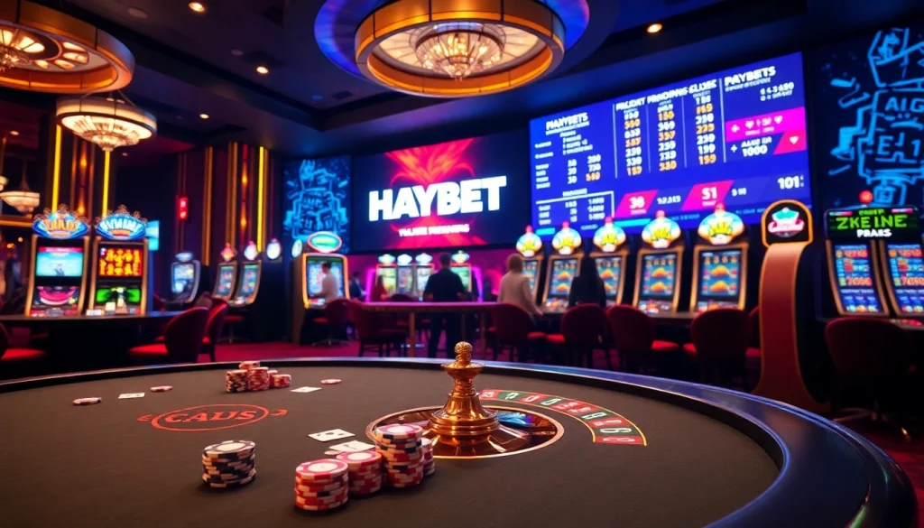 HAYBET online gamblers placing bets at a luxurious casino table with vibrant slot machines.