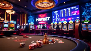 HAYBET online gamblers placing bets at a luxurious casino table with vibrant slot machines.