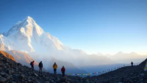 Stunning view of Manaslu Circuit trekking route with trekkers amidst the majestic mountains.