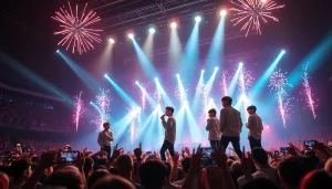 BTS news highlights Jungkook performing live with vibrant stage lights and energetic atmosphere.