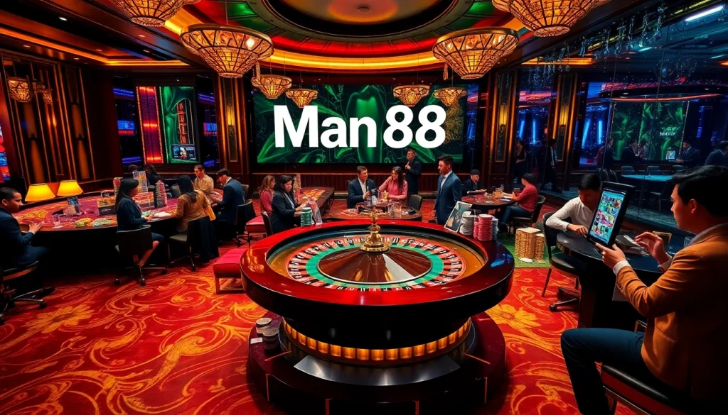 Experience the thrill of winning at Man88's luxurious casino tables with vibrant chips and playing cards.