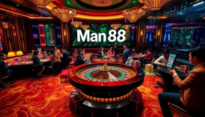 Experience the thrill of winning at Man88's luxurious casino tables with vibrant chips and playing cards.