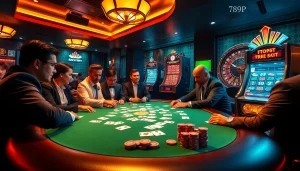 A thrilling casino scene with players at a poker table featuring 789p chips and cards.