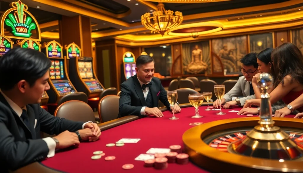 Man88 casino scene with a luxurious poker table and vibrant slot machines, capturing high-stakes excitement.