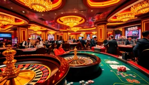 Engaged gamblers strategizing at a luxurious casino with tt88-themed roulette and poker tables.