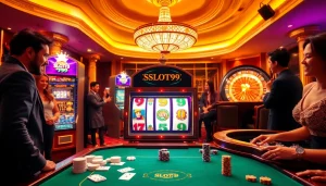 SLOT99 slot machine in an elegant casino setting, surrounded by excited players and poker tables.