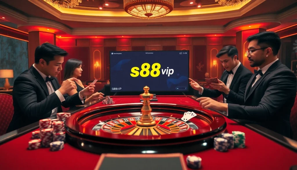 s88vip players enjoying a thrilling casino game with poker chips and a roulette wheel.