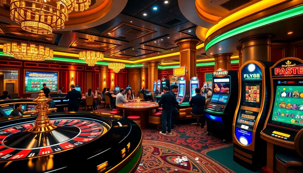 Experience the thrill of FLY88 đăng nhập with vibrant casino action, featuring roulette tables and slot machines.