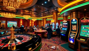 Experience the thrill of FLY88 đăng nhập with vibrant casino action, featuring roulette tables and slot machines.
