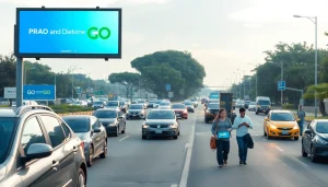Traffic scene in Goiânia with Detran GO billboard highlighting IPVA services.