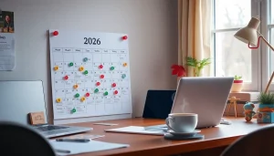 Detailed 2026 calendar with holidays in a cozy home office, showing colorful markers and a warm atmosphere.