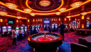 Players engaging with onicplay at an upscale casino, showcasing excitement and luxury.