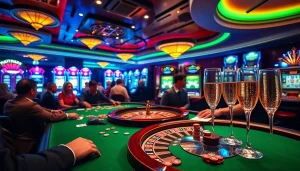Experience the excitement of gambling at a luxurious casino scene showcasing www.kjc.global branding with poker tables and slot machines.