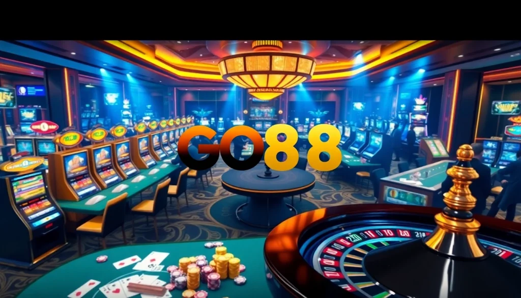 GO88 online casino scene featuring vibrant slot machines and poker tables.