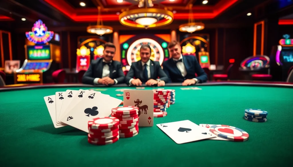 Engaging poker game at a luxurious casino inspired by https://okwin.blog/, showcasing vibrant elements and players in action.