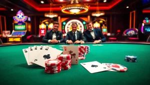 Engaging poker game at a luxurious casino inspired by https://okwin.blog/, showcasing vibrant elements and players in action.