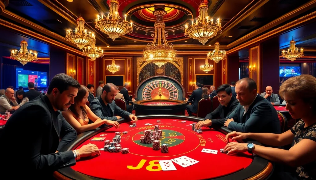 Exciting J88 poker table scene in a luxurious casino, capturing the thrill of high-stakes gambling.