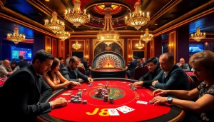 Exciting J88 poker table scene in a luxurious casino, capturing the thrill of high-stakes gambling.