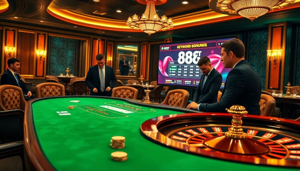 Players enjoy a thrilling game at a luxurious casino with 88t-themed betting elements.