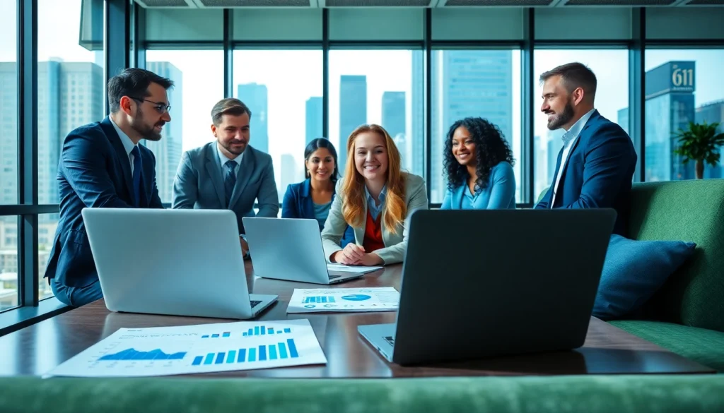 Marketing Consultant collaborating with diverse team in a modern office space, enhancing strategy.