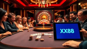 Exciting poker action at XX88 casino with vibrant colors and professional setup.