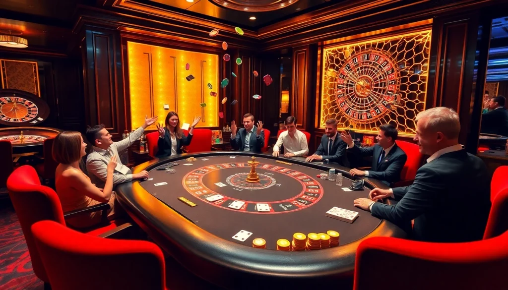 Experience the excitement of betting at 79king com with eager players at a vibrant casino poker table.