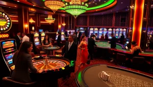 SODO casino scene featuring players at roulette and blackjack tables with vibrant lights and slot machines.
