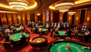 Excited players enjoying high-stakes table games at the glamorous 222BD casino.