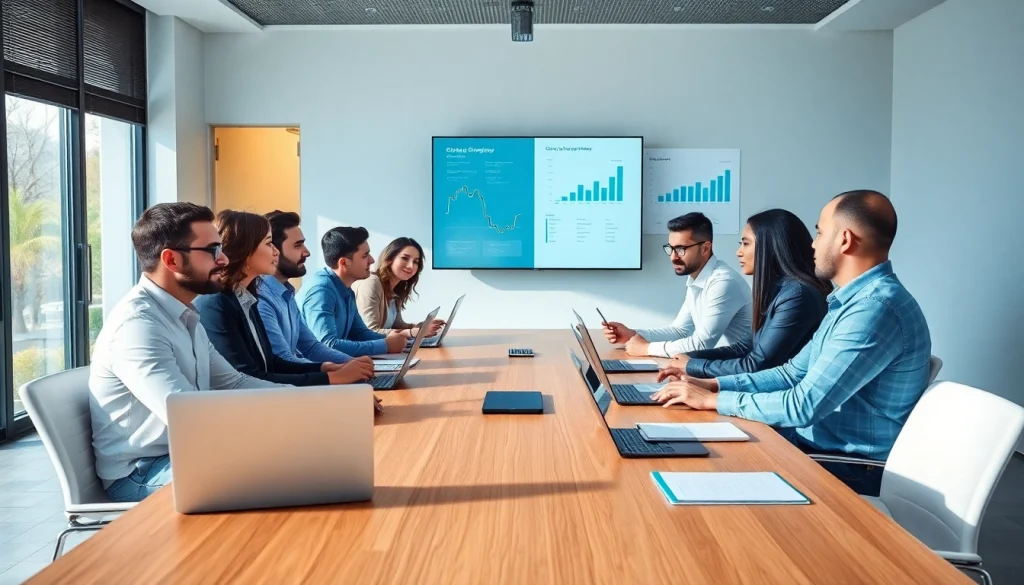 Team collaboration on growth strategy trends in a modern office setting.