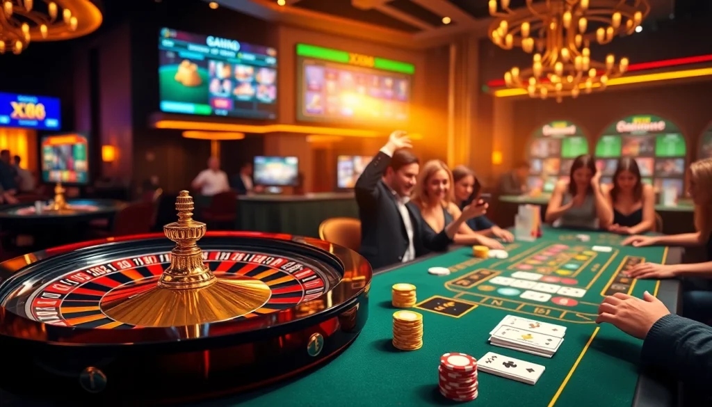Exciting gambling action at nhà cái XX88's vibrant casino tables, featuring roulette and poker.