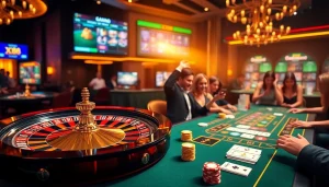 Exciting gambling action at nhà cái XX88's vibrant casino tables, featuring roulette and poker.