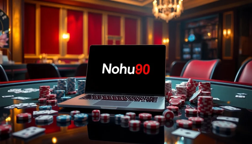 Experience the excitement of Nohu90 with a luxurious gaming setup showcasing poker chips and a laptop.