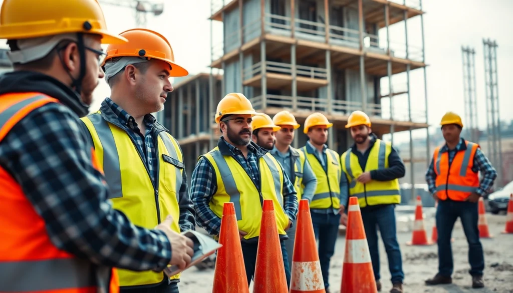Ensuring construction site safety with workers inspecting equipment and wearing safety gear.