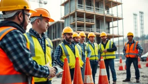 Ensuring construction site safety with workers inspecting equipment and wearing safety gear.