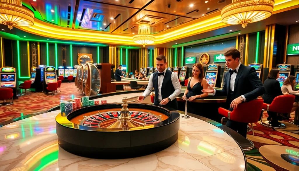 Gamblers engaging in high-stakes excitement at NK88's luxury casino tables.