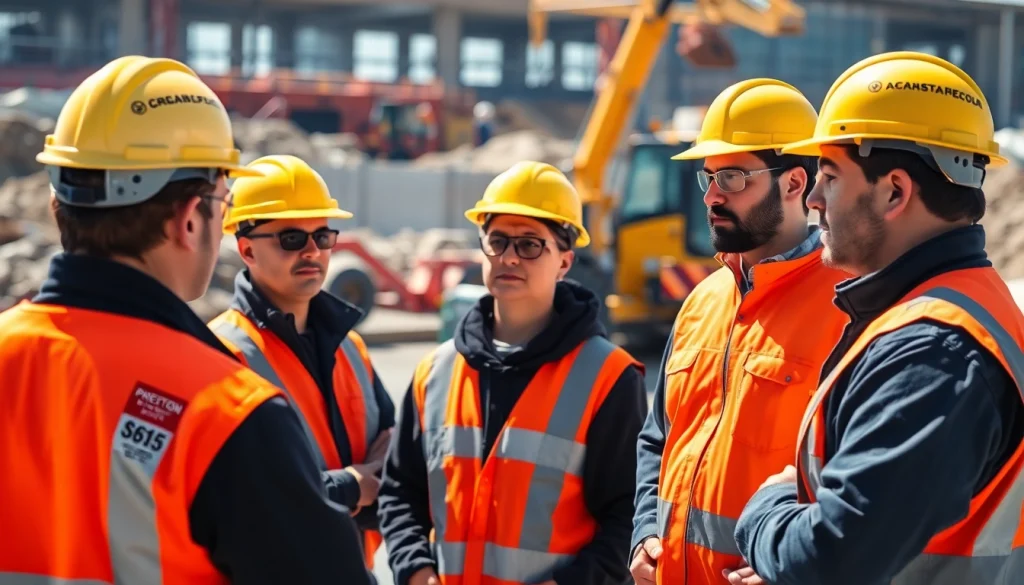 Construction safety training with workers focused on hands-on learning in a vibrant job site.