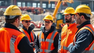 Construction safety training with workers focused on hands-on learning in a vibrant job site.