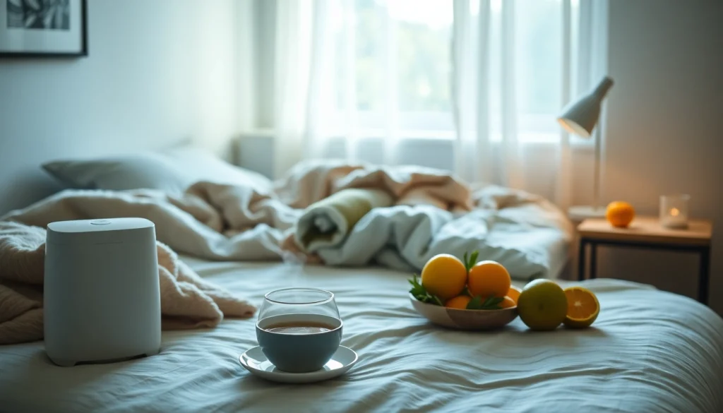 風邪を一晩で治す方法に焦点を当て、温かいお茶と心地良い毛布に包まれた静かな寝室を描いた図解