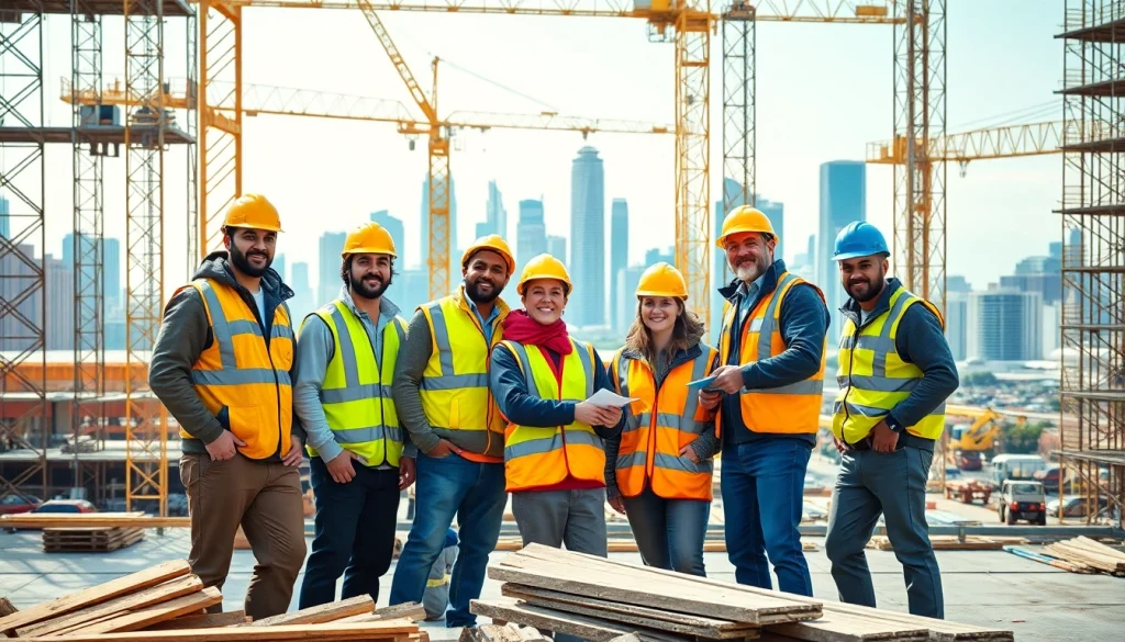 Workers representing Tennessee construction association collaborating at a bustling construction site.
