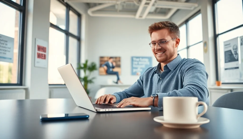 Engaging moment of a user on WhatsApp Web in a modern office environment, showcasing digital communication.