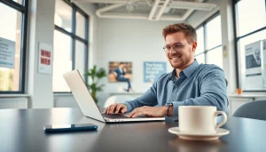 Engaging moment of a user on WhatsApp Web in a modern office environment, showcasing digital communication.