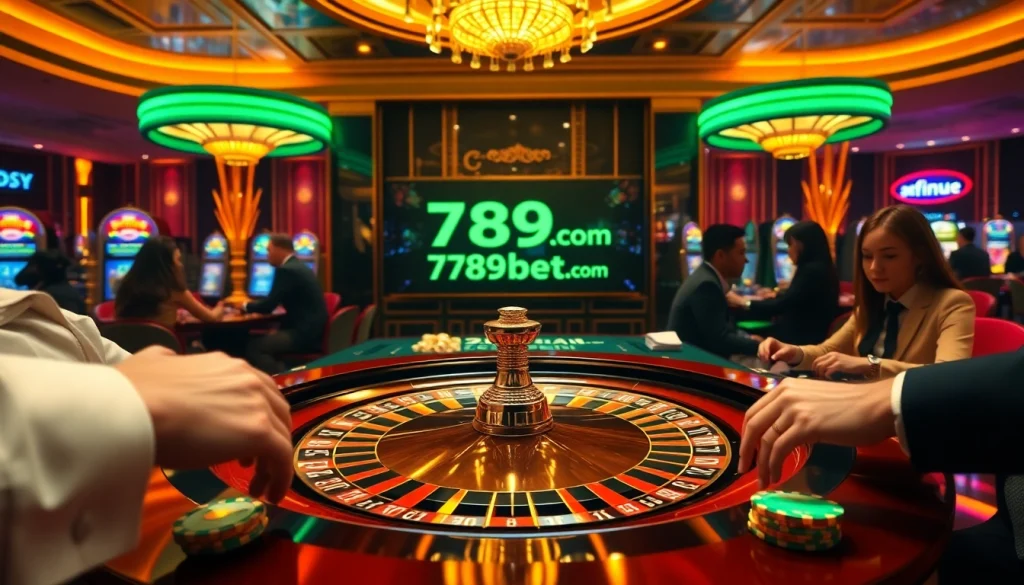 Players enjoying high-stakes excitement at 789bet.com's luxurious casino with roulette and slot machines.
