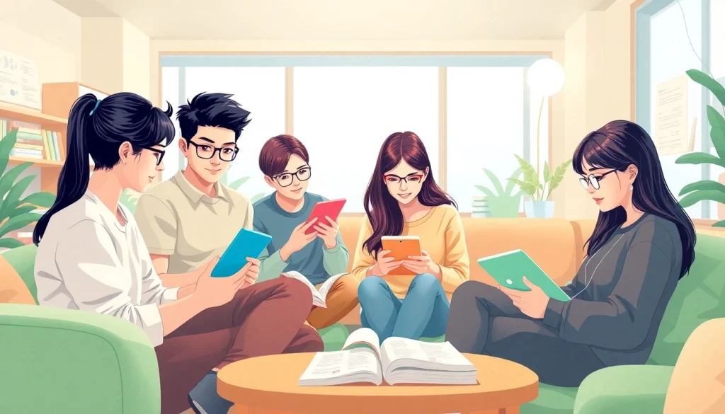 現代的な学習空間でスタディサプリ TOEIC 口コミを検討している熱心な学生たち。