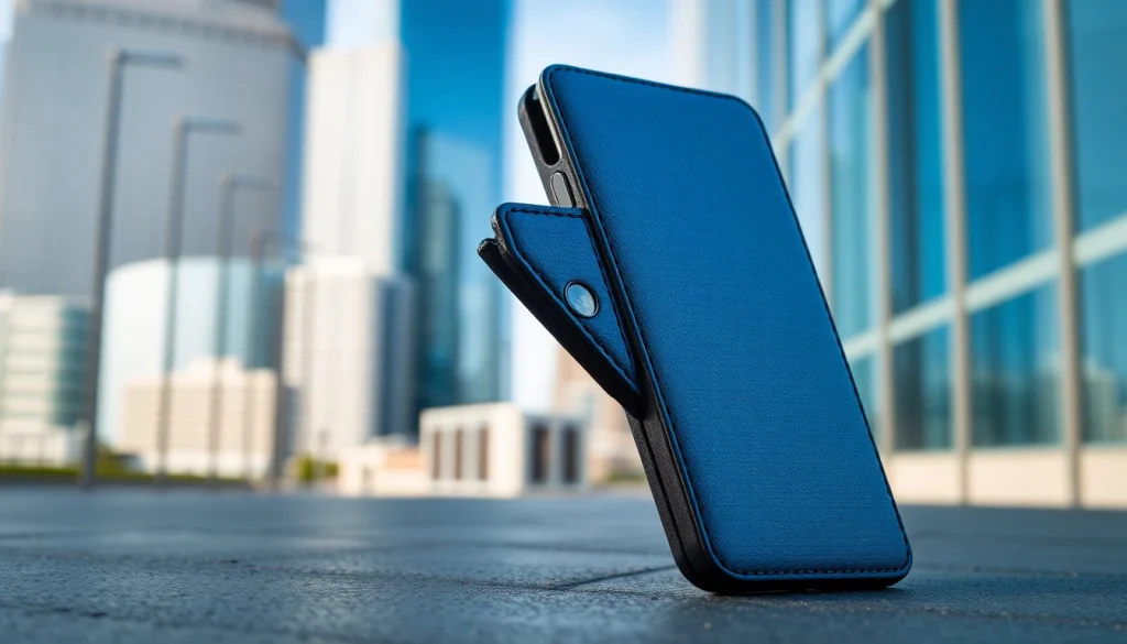 Hochwertige Handytasche Magnetverschluss präsentiert in urbaner Umgebung mit elegantem Design.
