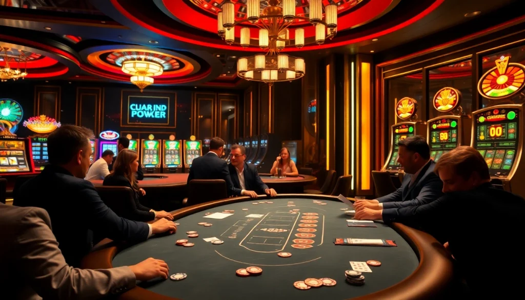 Scène captivante de casino en ligne avec des joueurs à une table de poker animée et des machines à sous vibrantes.