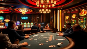 Scène captivante de casino en ligne avec des joueurs à une table de poker animée et des machines à sous vibrantes.