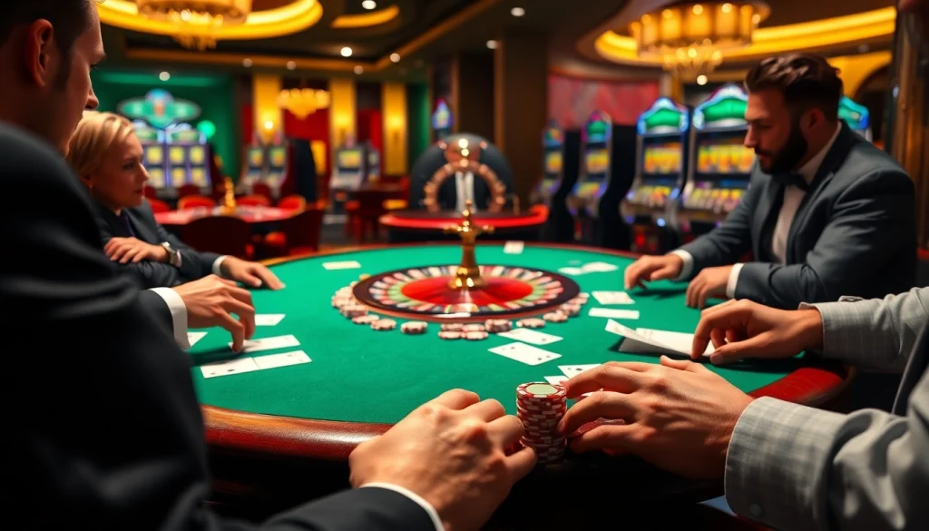 Vivez l'excitation du casino en ligne avec des joueurs à une table de poker de luxe, des jetons vibrants et des cartes.
