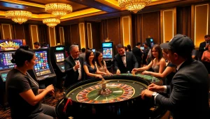 SumClub players celebrating their wins at a vibrant casino table with chips and cards.